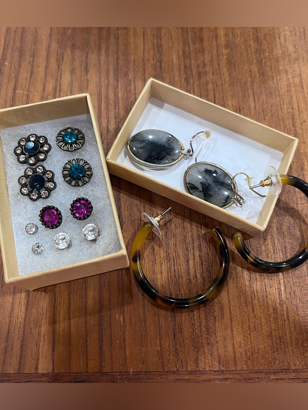 Mixed Earring Set — Tortoiseshell Hoops & Gem Studs, costume
